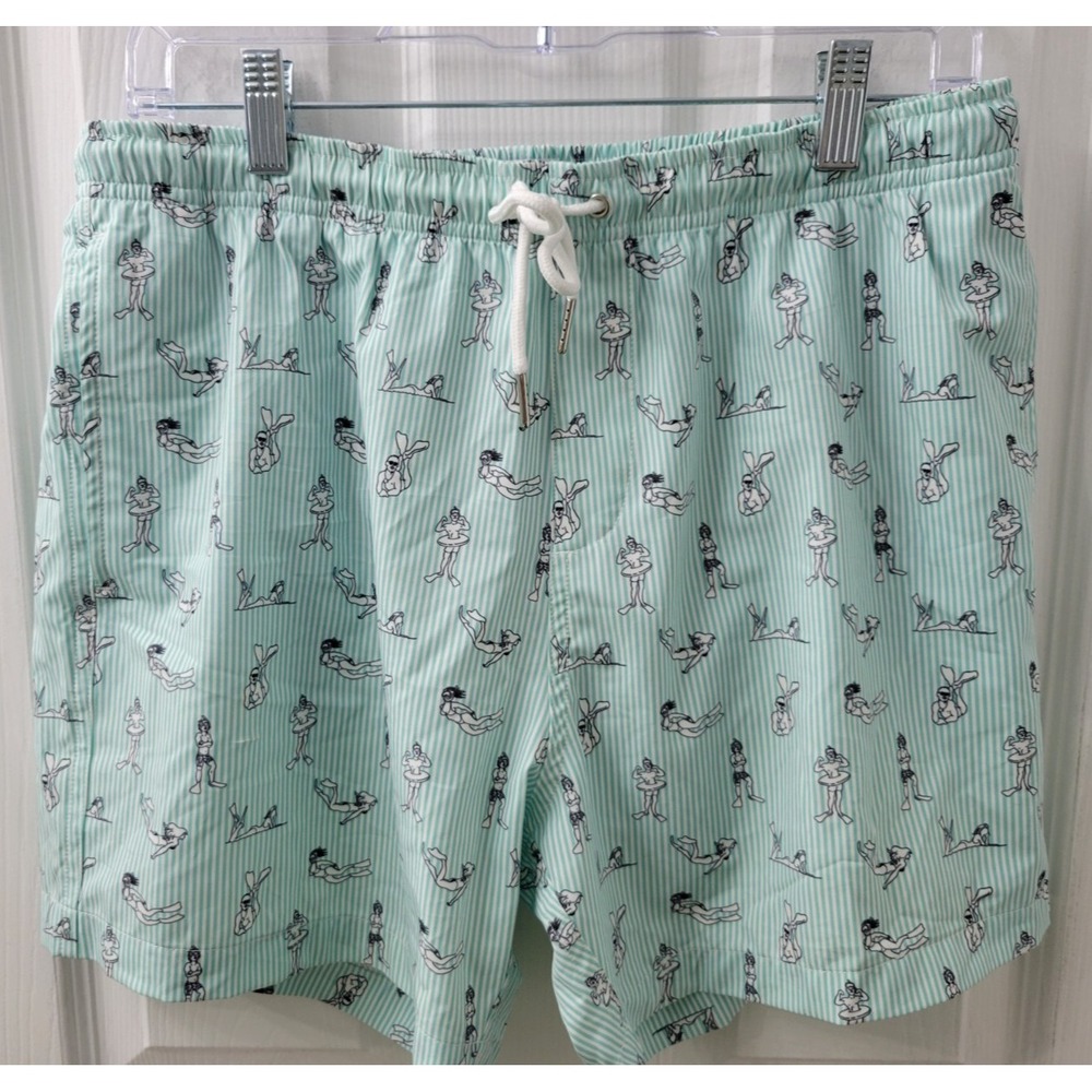 Bermies Swim Trunks Mens Medium Green Stripe Scuba Snorkel Figures Mesh Lined